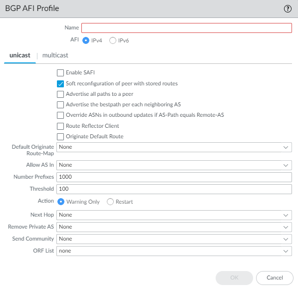 BGP Address Family Profile configuration window.